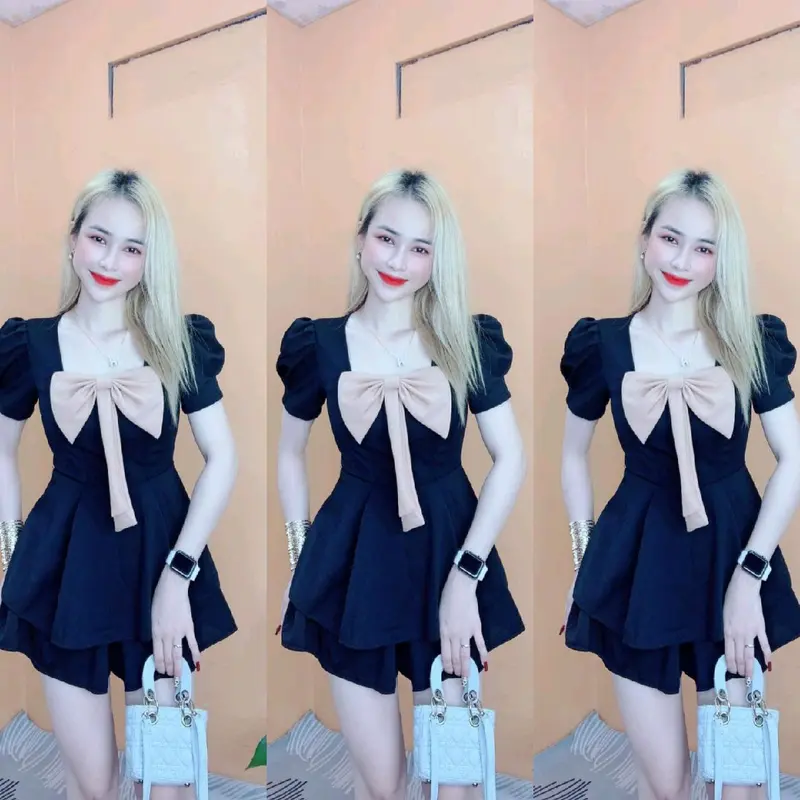 Áo Nữ Kem Voi Đô Bô THUN Cat Hàn Dễ Thương Quần Đùi Đính Nơ Fom 42kg 58kg - Women Dress 0