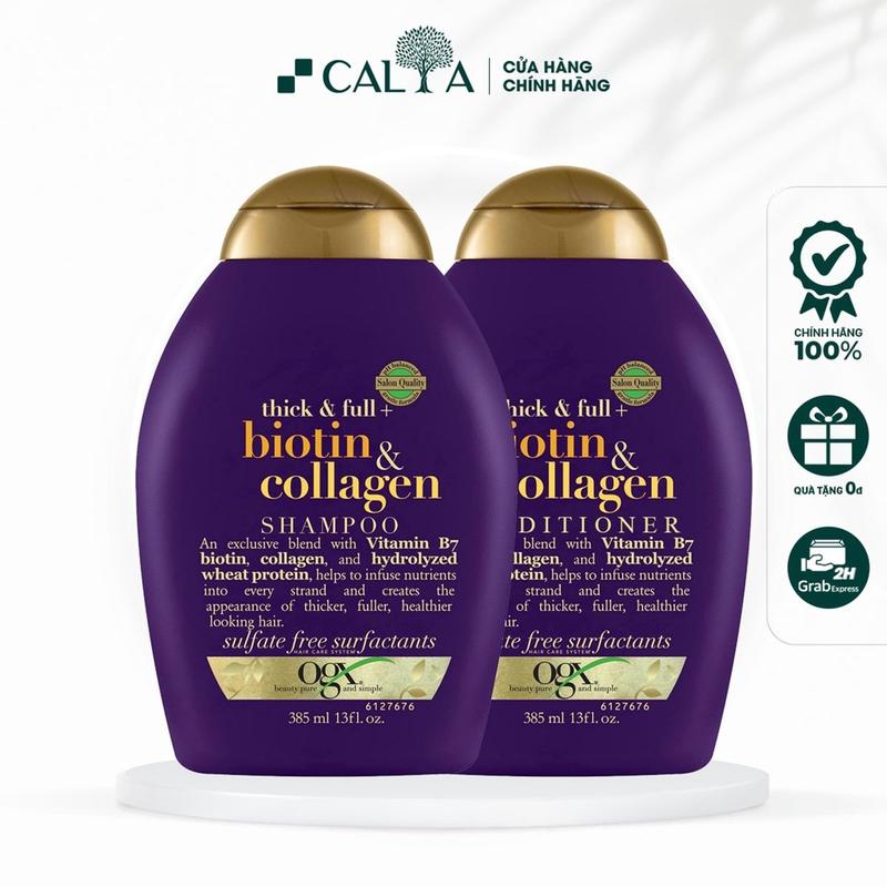 Bộ Dầu Gội Và Dầu Xả Biotin OGX Tím Dưỡng Dày Tóc Bồng Bềnh - OGX Thick & Full + Biotin & Collagen (385ml/Chai)