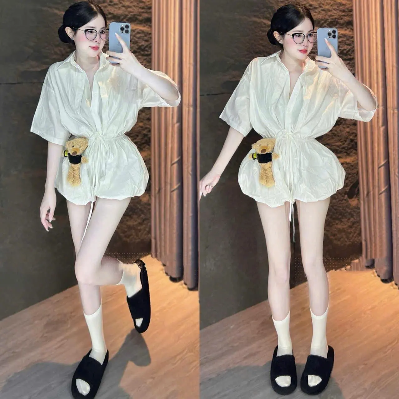 Sét jum cổ sơmi trắng cộc tay sang chảnh Kèm Gấu Siêu Xinh - Dành Cho Nữ +TOP WOMEN