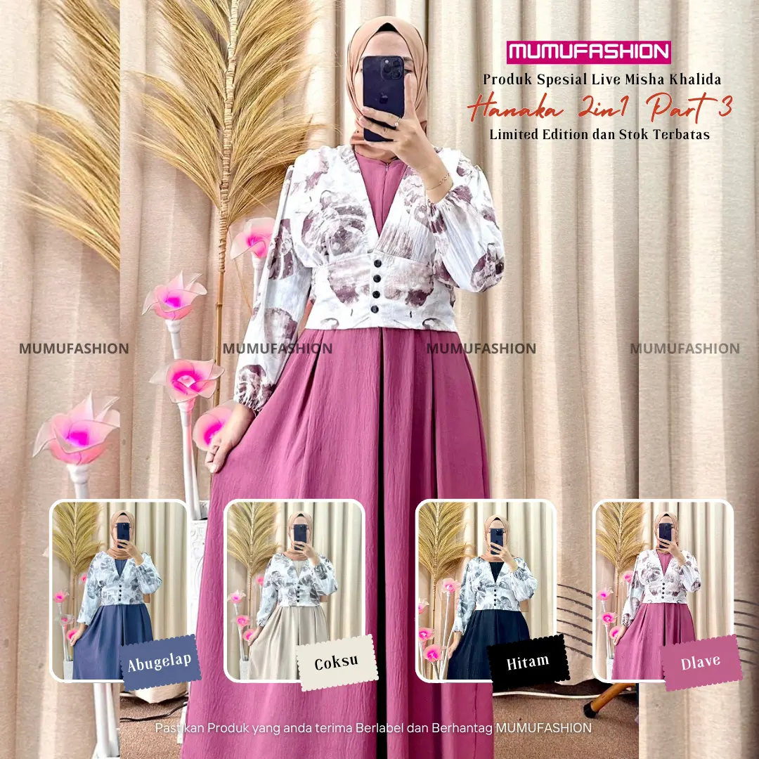 MUMU - ( Harga spesial di live Misha Khalida ) HANAKA 2IN1 Part3 GAMIS OUTER MOTIF Bunga + INER Bahan Crinkle Airflow By Mumufashion Muslim Wanita Dress Baju Lebaran Maxi Dewasa Syari Remaja Kondangan