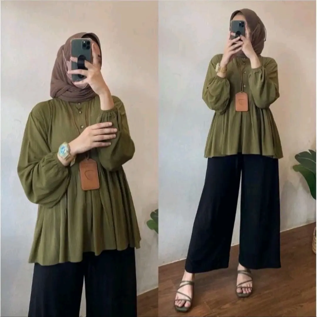 Rachel Atasan Blouse Wanita Kekinian Blouse Crinkle AirFlow OOTD VIRAL TERLARIS Atasan Wanita Nyaman Kancing Ruffle Panjang Baju Oversize Skinny White