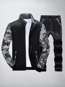 Men's Camo Pattern Pocket Zip Up Jacket & Drawstring Waist Pants Tracksuit Set for Gym Workout Running, Men's Spring & Fall Clothes