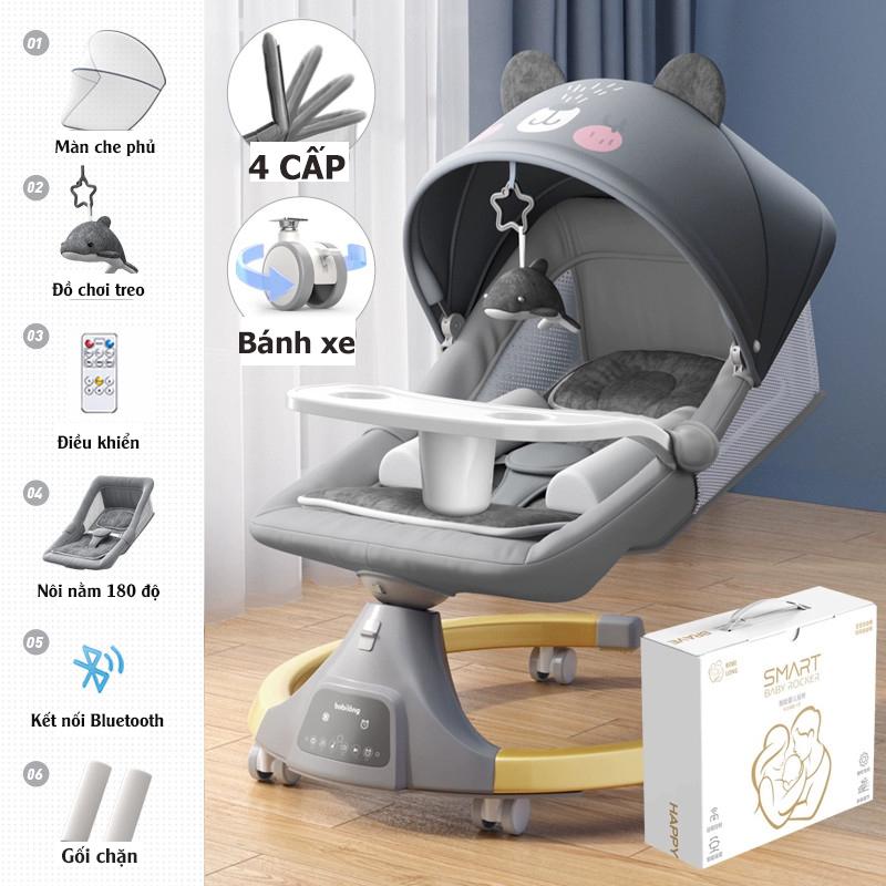 Nôi Rung Ru Ngủ Điện Tự Động BobyLong 4in1 Tích Hợp Bàn Ăn Dặm, Màn Hình Led Cảm Ứng, Kết Nối Bluetooth, Võng Voi Cho Bé Kem