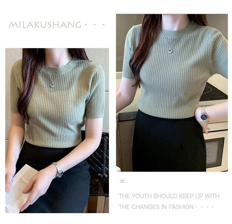 Product Introduction of Áo Dệt Kim, Dáng Ôm, Áo ngắn Tay, Áo Chui Đầu Nữ, Có Thể Mặc Bên Trong, Ngắn, Hàng Mới Về Mùa Hè 2024, Áo Sơ Mi Lớp Nền Cổ Tròn 13