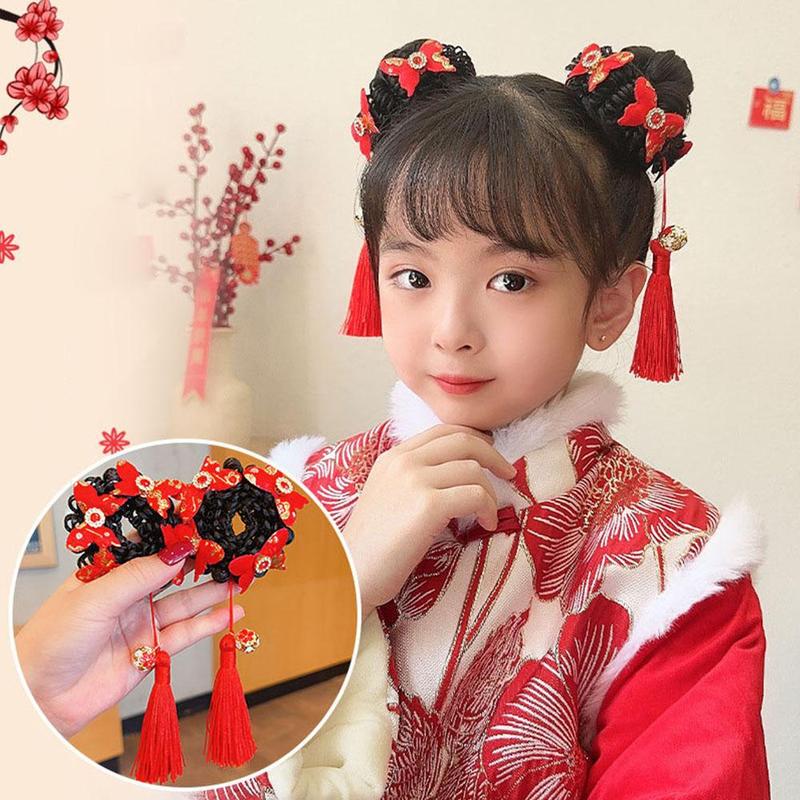 Product Introduction of Tóc Giả Trẻ Em, Phụ Kiện Tóc Scrunchies Bóng Tua Rua, cài tóc Cô Gái Năm, Phong Cách Cổ Trang Mới, C4J1 14
