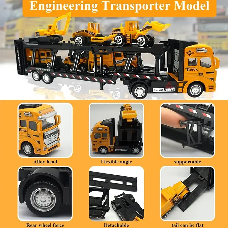 6 IN 1 Pull Back Paduan Kendaraan Truk Container Pengangkut diecast metal car trucks Mobil Mainan Mobilan Bulldozer Toys 3