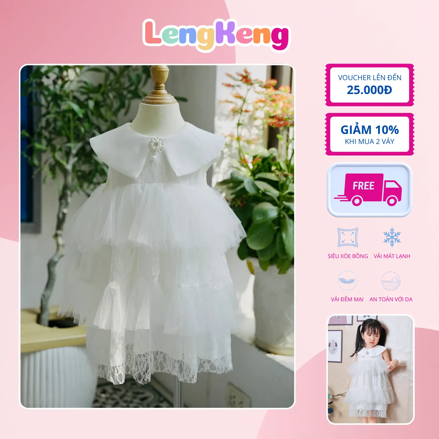 Váy công chúa ren hoa 3 tầng bé gái màu trắng đủ size từ 9-30kg váy đi tiệc cho bé , váy xinh cho bé, đầm đi tiệc cho bé , váy trắng trắng bé gái