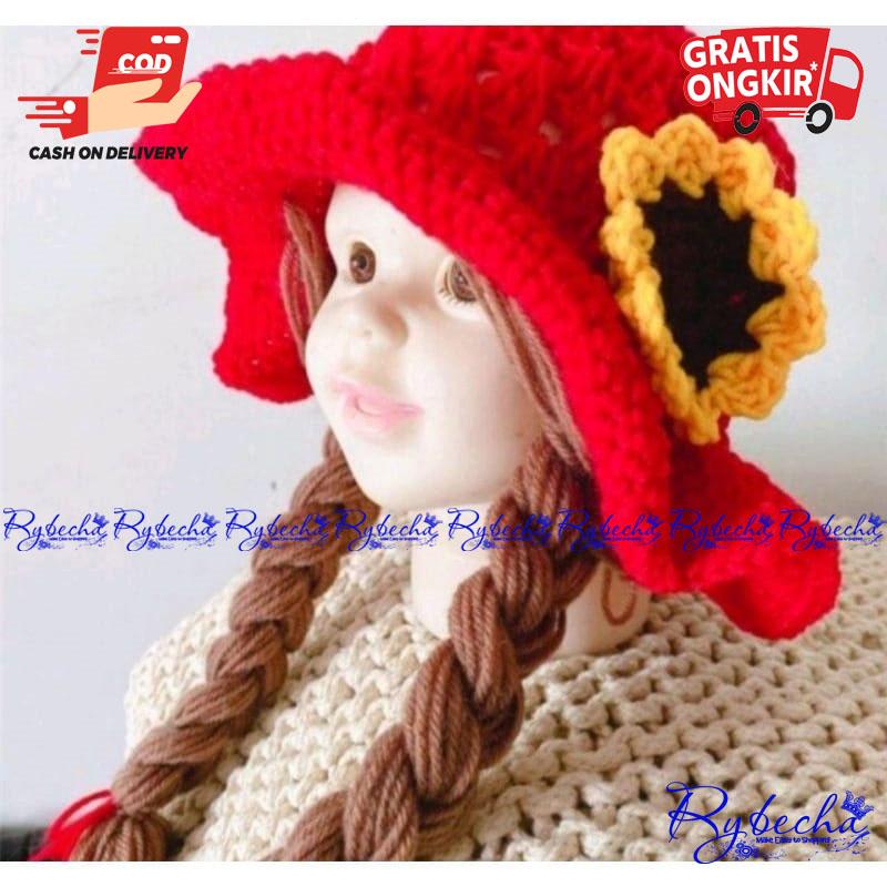 Paket 3 Pcs Kupluk Bayi Perempuan Rajut Topi Bayi Newborn Motif Kepang Wig Usia 0 - 3 Thn 4