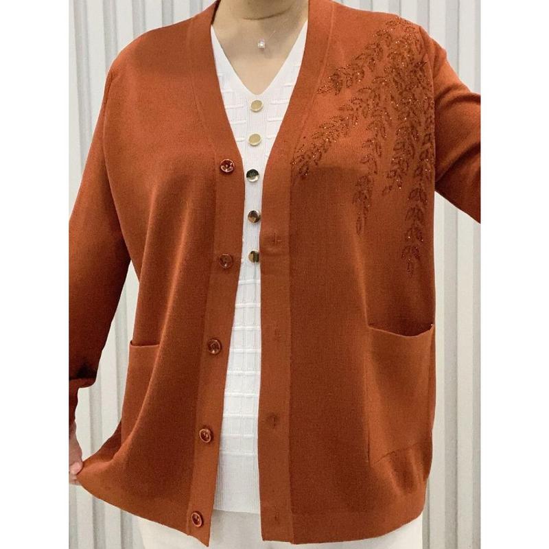 Áo Len Cardigan Cổ Chữ V Cao Cấp, Thời Trang Mới Mùa Thu, Dành Cho Mẹ Trung Niên Áo Khoác Mặc Bên Ngoài Dáng Rộng Rãi Và Mỏng, Dành Cho Nữ, Zjc2024 Women Top 2