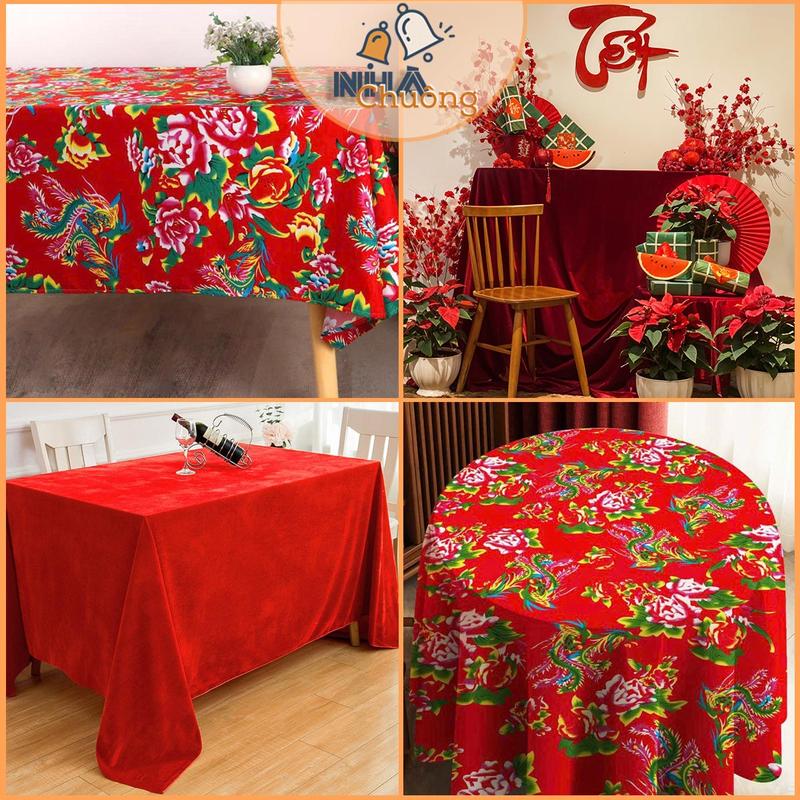 Khăn Trải Bàn Vải Chăn Con Công, Khăn Trải Bàn Nhung Đỏ Trang Trí Tết, Lễ Hội, Cưới Hỏi