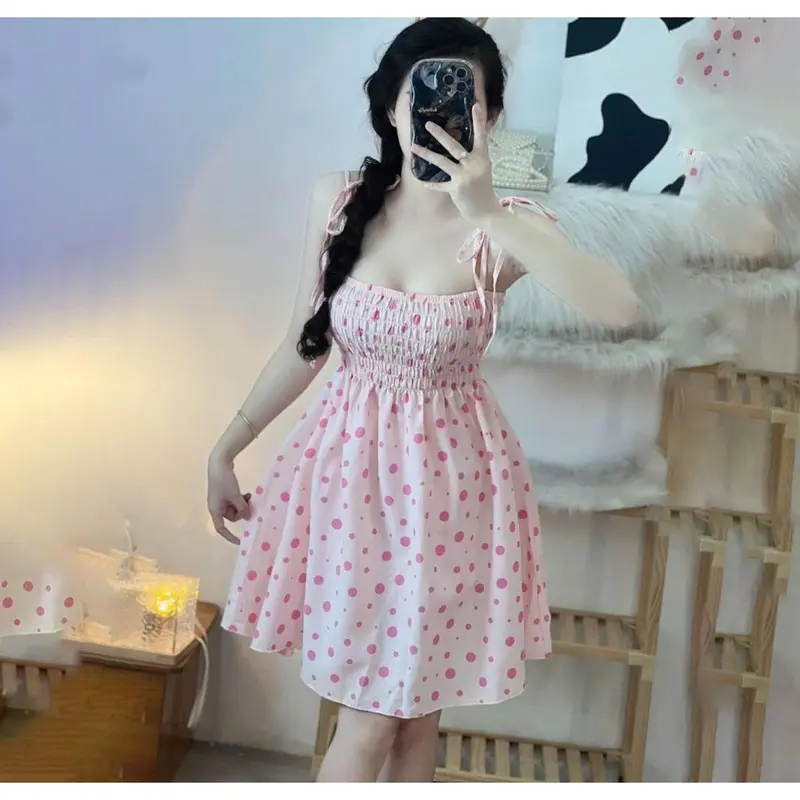 Đầm 2 Dây Nhún Chỉ In Họa Tiết Trái Tim, Pᶖg, Chấm Bi & Kem Gấu - Thời Trang Nữ Màu Hồng Chất Liệu Kate Thoáng Mát, Dễ Dàng Kết Hợp - Set Bộ Thời Trang Đáng Yêu Cho Mùa Hè 3