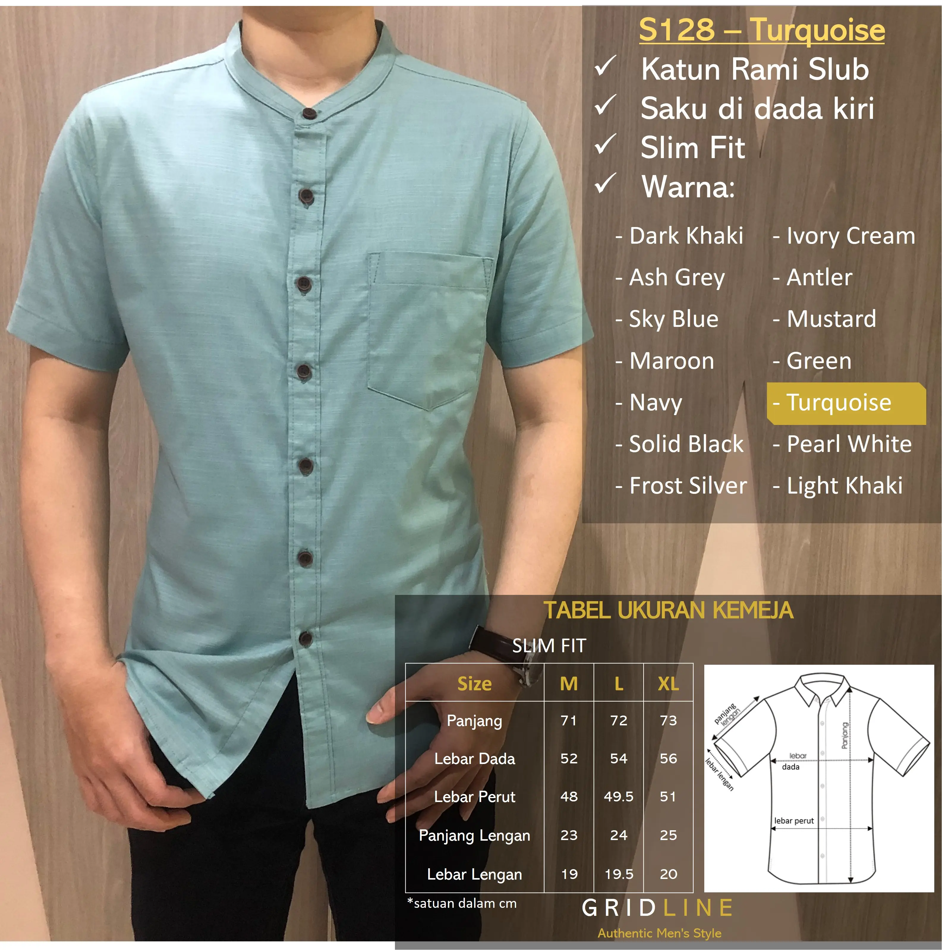 [GRIDLINE - S128 Colorful Premium Koko Series] Kemeja Koko Pria Slimfit Polos Katun Rami High Quality Adem Tebal Premium Berkualitas Kerah Sanghai Lebaran Simpel Muslim Seragam Kokoh