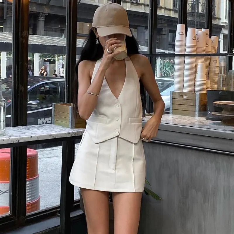 Women 2 Piece Skirt Set Fairycore Halter Neck Sleeveless Crop Tops and Mini Skirt Suit Two Piece Outfits Streetwear