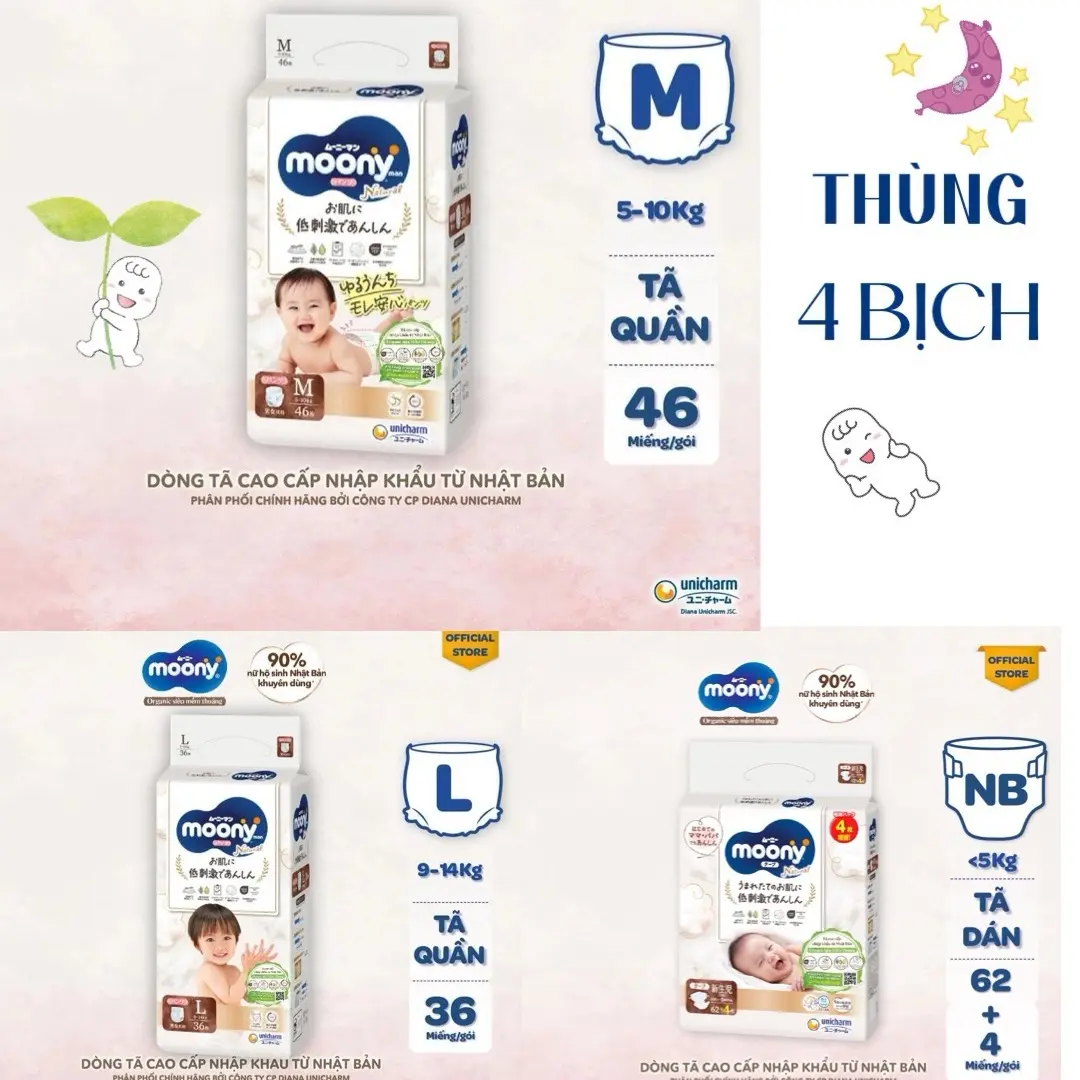 Thùng 4 bịch tã Moony Natural đủ size cho người NB62/S58/M46/L38/L36/XL32 - Chính hãng Diana Unicharm Việt Nam