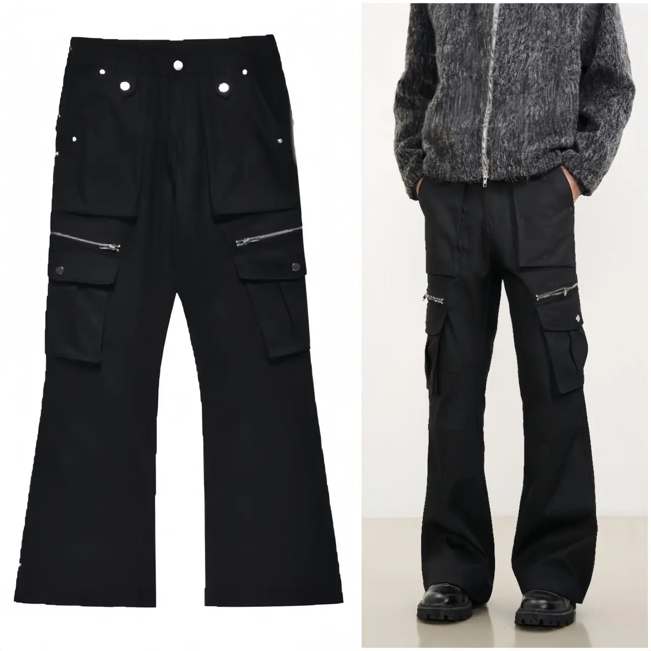 Quần ống loe nam nữ siêu hách dáng có dây kéo thiết kế phong cách retro phối túi lớn Menswear Pants