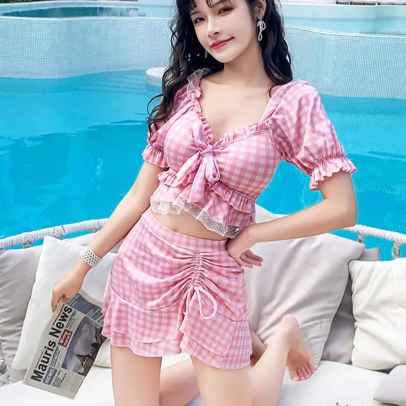 M71 Bộ đồ bơi nữ 2 chi tiết vải thun đẹp họa tiết kẻ caro phối ren có đệm lót 5