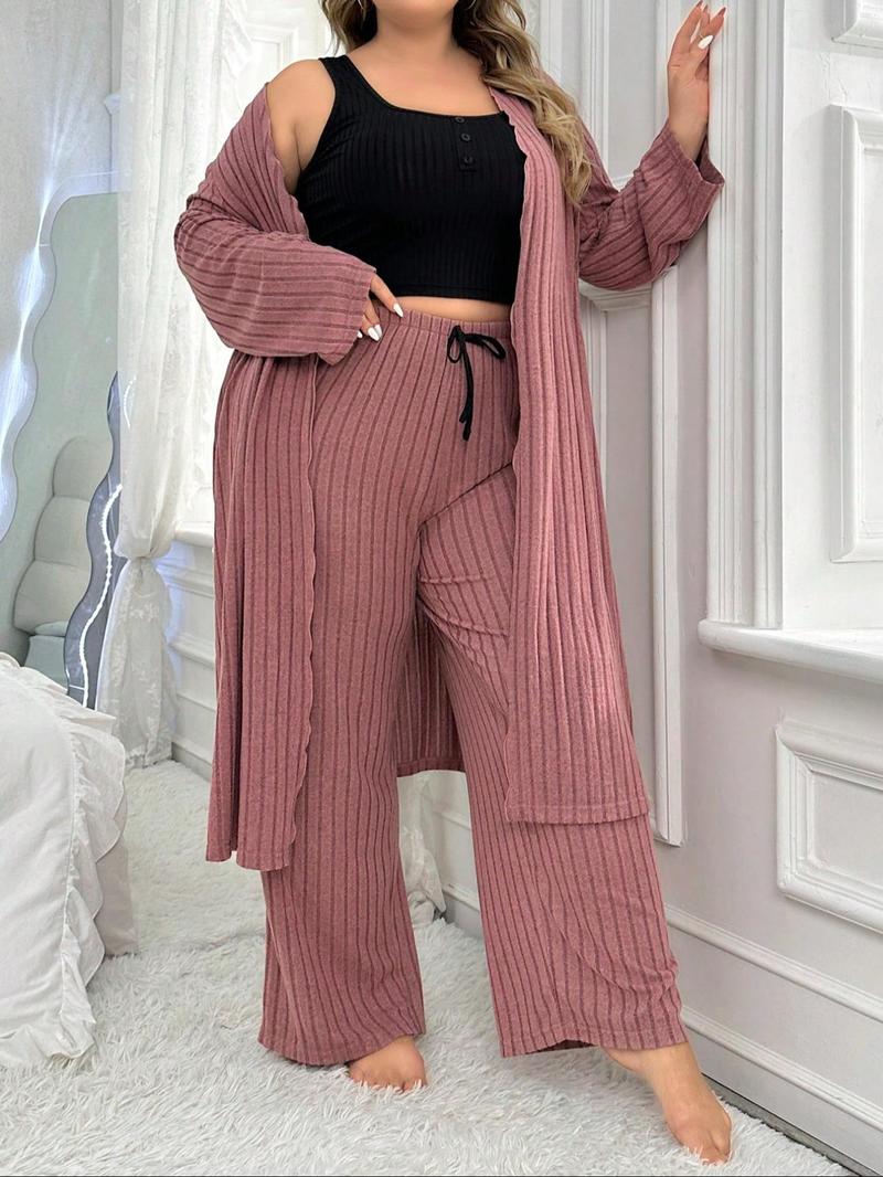 Product Introduction of 【Plus Size】 Solid Crop Top & Wide Leg Pants & Open Front Long Sleeve Outwear Loungewear Three-piece Set, Casual Comfy Pyjama Set for Women, Women's Sleepwear for All Seasons 3