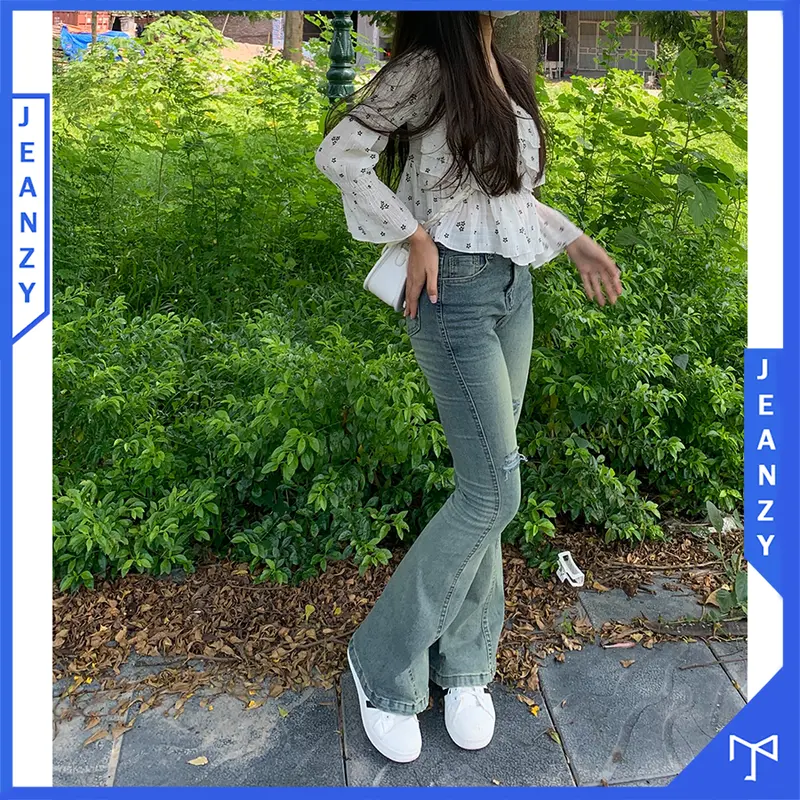 Quần jean ống loe màu xanh vintage đường may chéo mài rách JEAN ZY 3