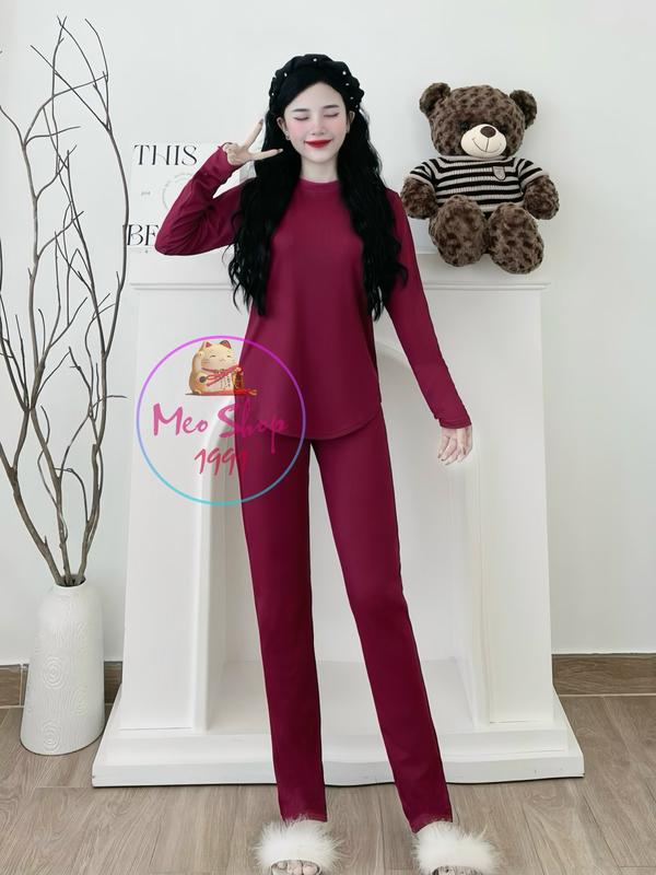 [Mua 2 Bộ Kèm qu@](Ô)Bộ Ủ Kem Thun Gân Lạnh - Cổ Tròn Lai Bầu - Tay Dài Xỏ Ngon - 40kg - Bigsize Nữ Women Áo Top bộ  đồ bộ  đồ