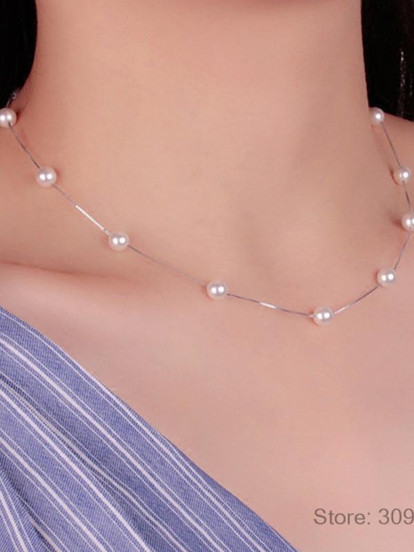 Product Introduction of 925 Sterling Silver Jewelry Japan and South Korea Short Pearl Sweater Necklace Women Fashion Simple and Versatile 0