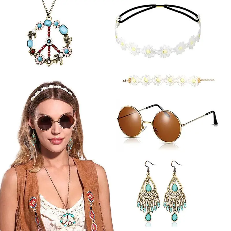 Bohemian Vintage Earrings Necklace Glasses Headband Women's Accessories Set Party Cosplay