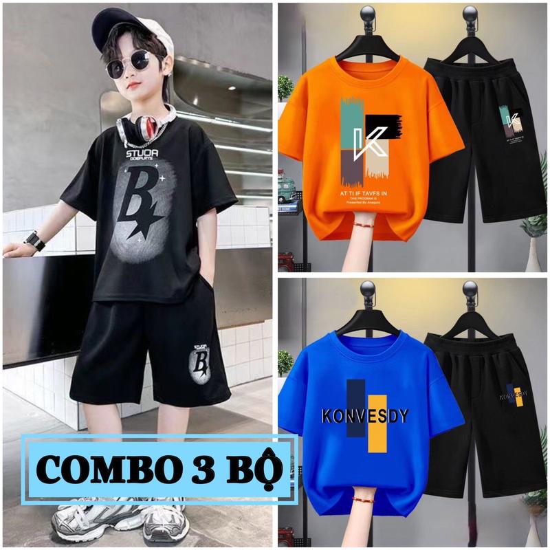 Combo 3 Bộ quần áo bé trai mùa hè size đại từ 17 đến 40kg, chất thun co giãn, mềm mát, phong cách Hàn Quốc cho bé trai từ 5 đến 14 tuổi, dáng quần đùi áo cộc tay thể thao. quần  áo