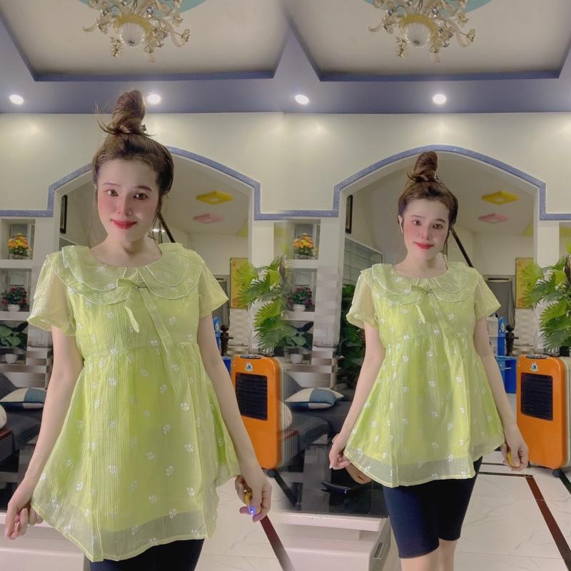 Áo Bầu Voan Kiểu Cổ bèo 2 Lớp Form Rộng Dáng Tiểu Thư Bồng Bềnh Hàn Quốc-Nút điều chỉnh hai bên(45-95kg) 4