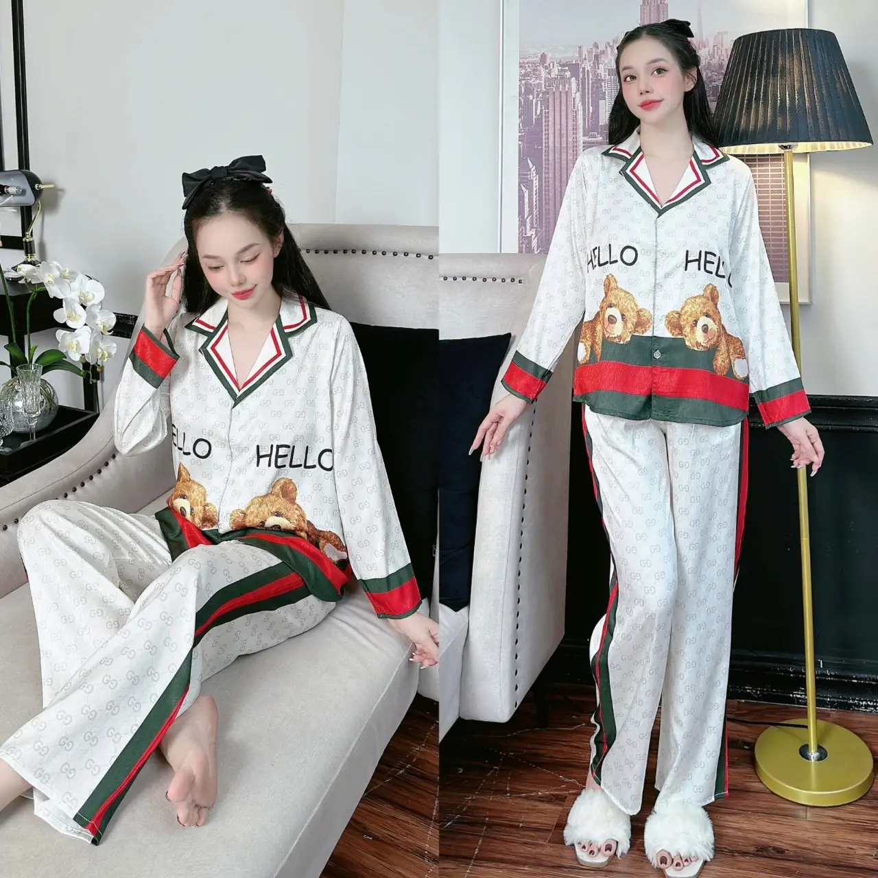 Đồ bộ pijama tay dài quần dài chất lụa tơ xước mềm mượt, free size 40-60kg