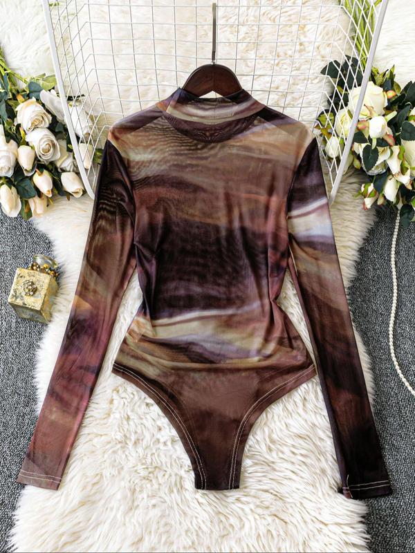 Women's Tie Dye Print Long Sleeve Bodysuit, Casual High Neck Bodysuit, Ladies Clothes for Spring & Fall 4
