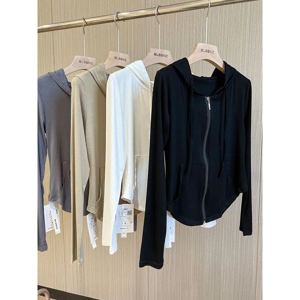 Retro American Hooded Long-Sleeved T-shirt for Women Early Autumn New Slim Fishbone Top Design Sense Zipper Cardigan Outerwear Womenswear Sweatshirts Lingerie Comfort Maternity Basic Minimalist