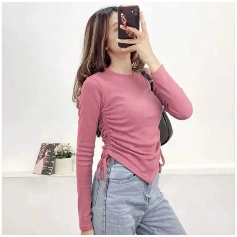 Valen Top Blouse Knit Wanita Kekinian Atasan Model Serut Samping Lengan Panjang