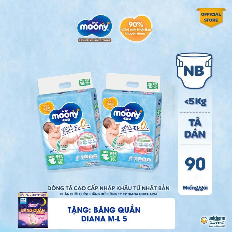 [COMBO 2-TẶNG DIANA QUẦN M-L 5] Moony Tã/bỉm dán xanh NB90/S84/M56/L54 - Nhập khẩu từ Nhật Bản