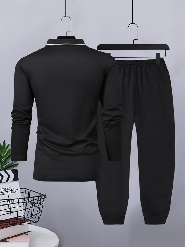 Men's Plain Button Front Polo Shirt & Drawstring Waist Pants Set, Regular Fit Long Sleeve Collared Top & Jogger Pants, Men Two-piece Outfits for Spring & Fall 5