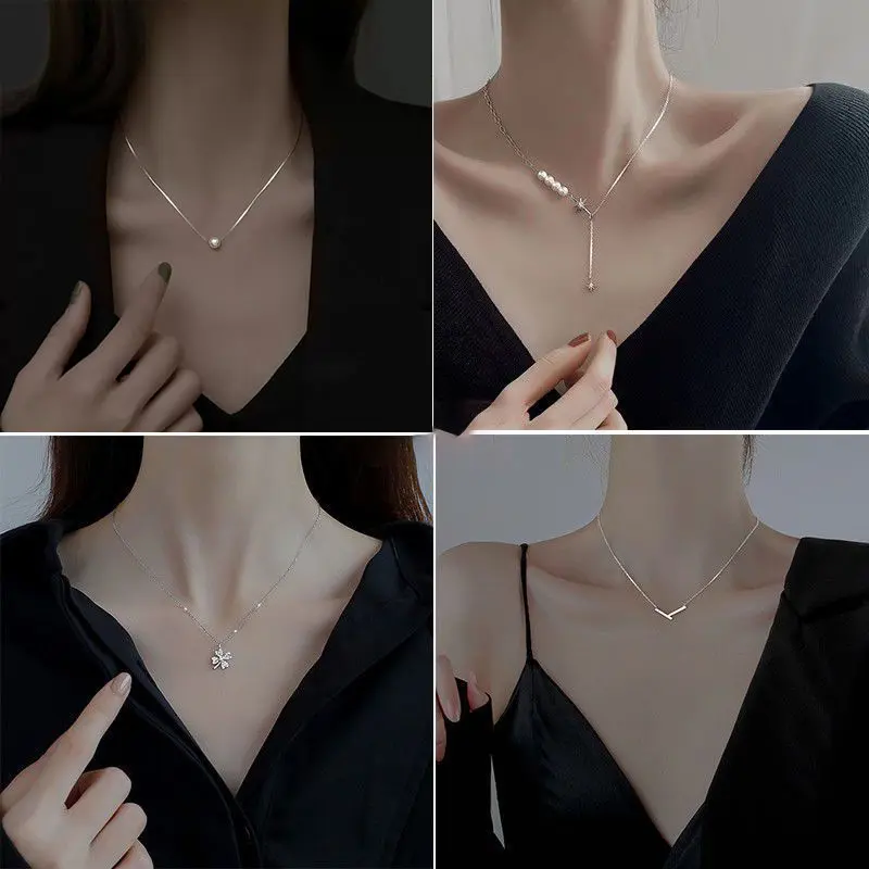 Trendy S925 Silver Light Luxury Necklace All-Match Trendy Clavicle Chain Female Butterfly Simple Niche High Sense Elegant Sweater Chain Ornament
