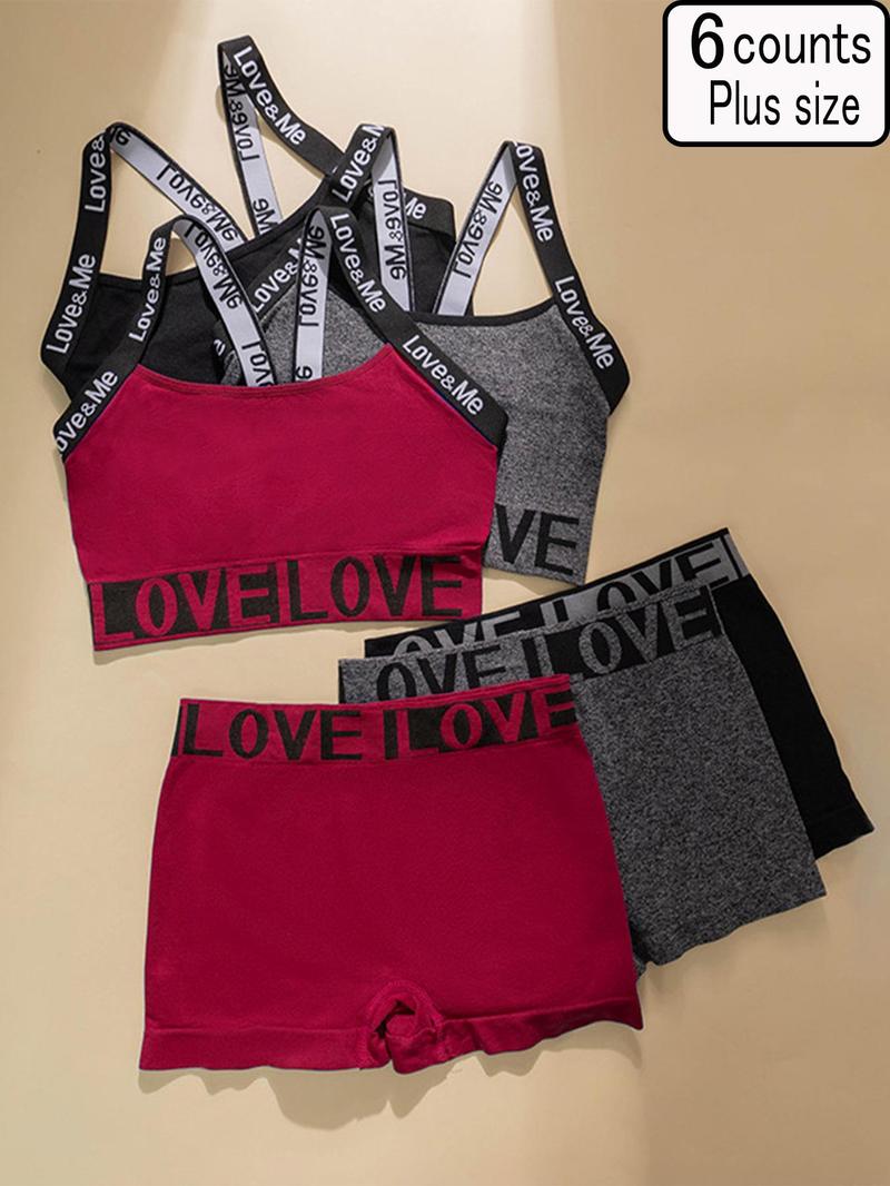 Product Introduction of 【Plus Size】 Letter Print Wireless Bra & boxer short Set, Casual Comfy Breathable Lingerie Set for Daily Wear, Women's Underwear Set for All Seasons 5