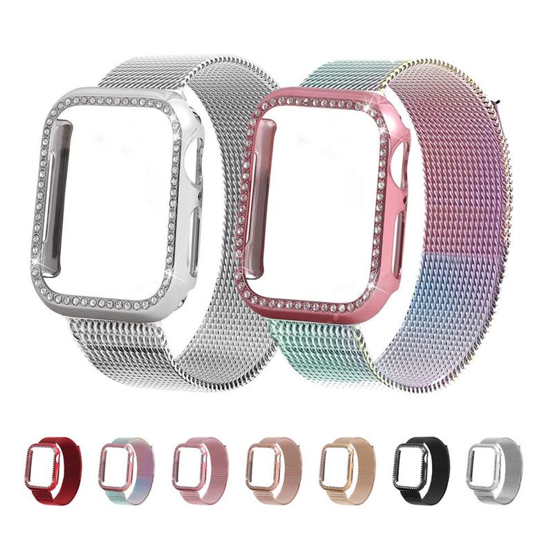 Dây đeo 2 trong 1, Dây đeo bằng thép Milanese và vỏ kim cương, Dành cho Apple Watch Smart Series 11 / 10 / 9 / 8 / 7 / 6 / 5 / 4 / SE Ultra, 49 / 41 / 45MM, Dây đeo bằng thép không gỉ, Thích hợp cho iWatch 42mm, 40mm, 44mm, 46mm