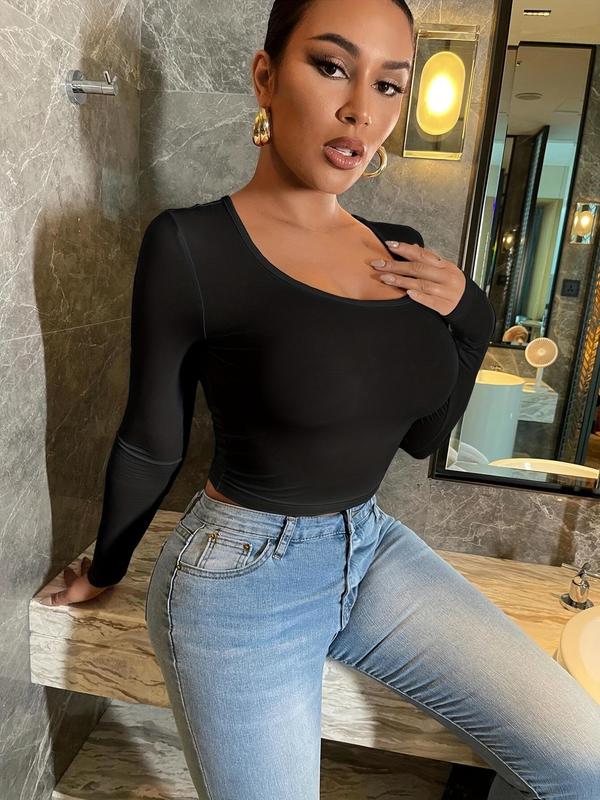 Women's Plain Long Sleeve Scoop Neck Crop Tee, Casual Solid T-shirt for Daily Wear, Ladies Clothes for All Seasons 3