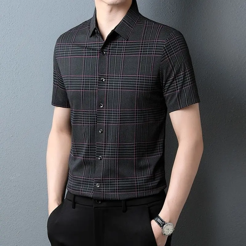 Áo Sơ Mi Ngắn Tay Cao Cấp, Họa Tiết Kẻ Sọc Sợi Xiangyun, Dành Cho Nam Giới, Thích Hợp Cho Công Sở Mùa Hè, Mỏng Và Không Đường May, Không Sắt, Phong Cách Thường Ngày Màu Bạc Hà Mambo 1