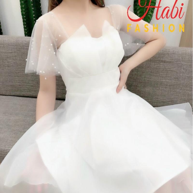 Váy trắng xòe dự tiệc, đi cưới, kỷ yếu, sinh nhật, đầm công chúa, váy trắng cổ V có mút