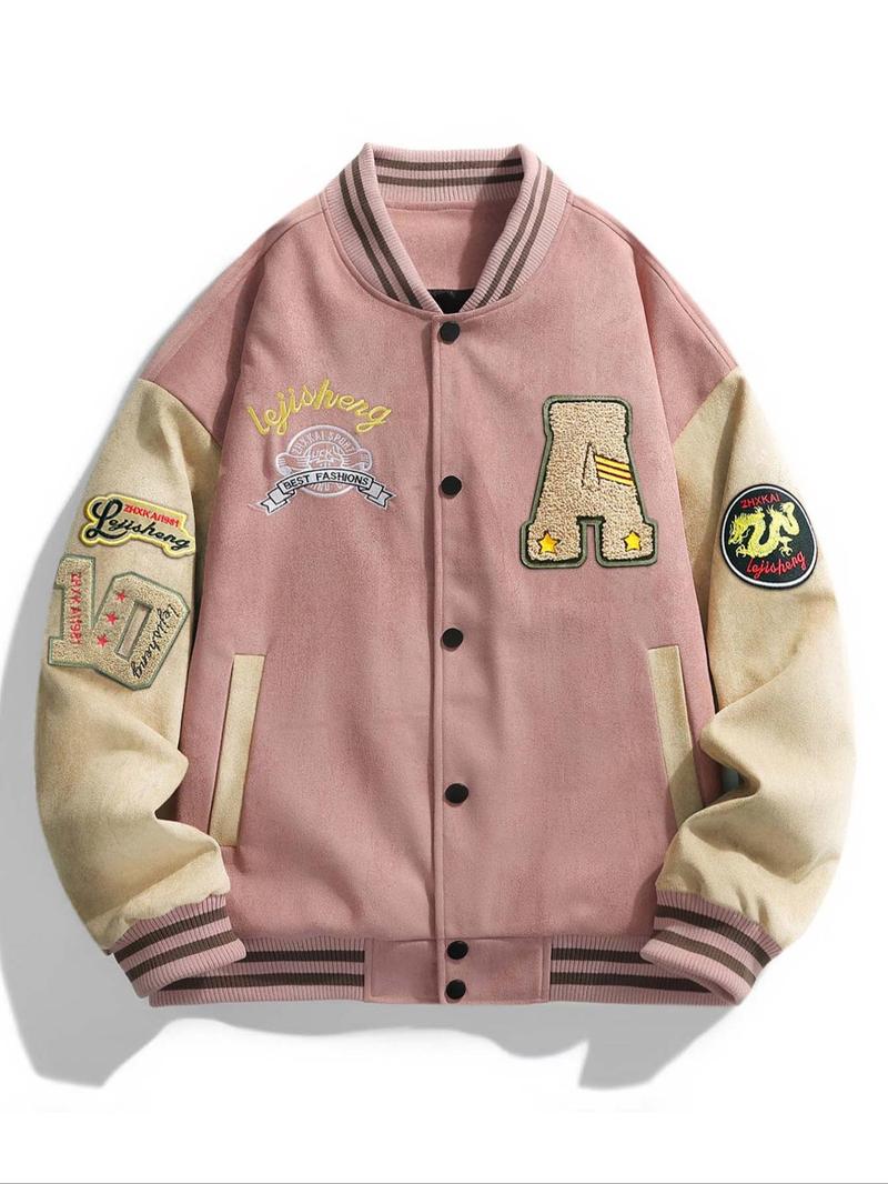 Product Introduction of Men's Letter Embroidery Pocket Baseball Jacket, Casual Drop Shoulder Long Sleeve Button Front Outerwear for Fall & Winter, Men's Clothes for Daily Wear 5