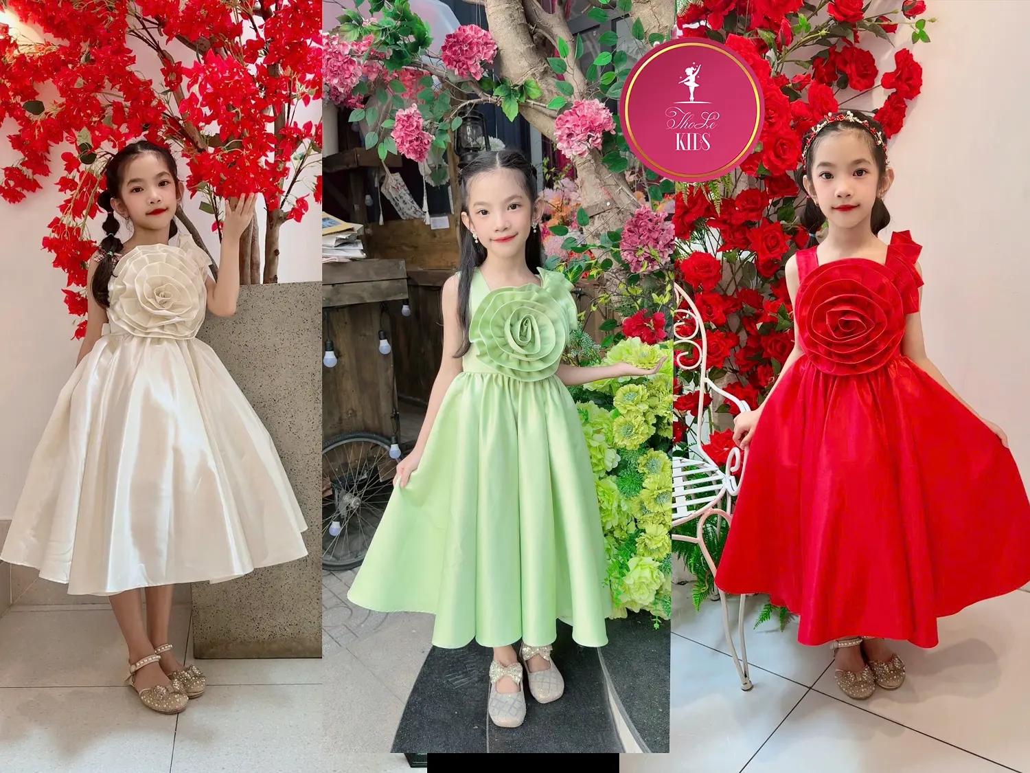 Đầm Công Chúa Hoa To 3 Màu Xanh,Kem Đỏ Siêu Xinh ThoLeKids - CC315