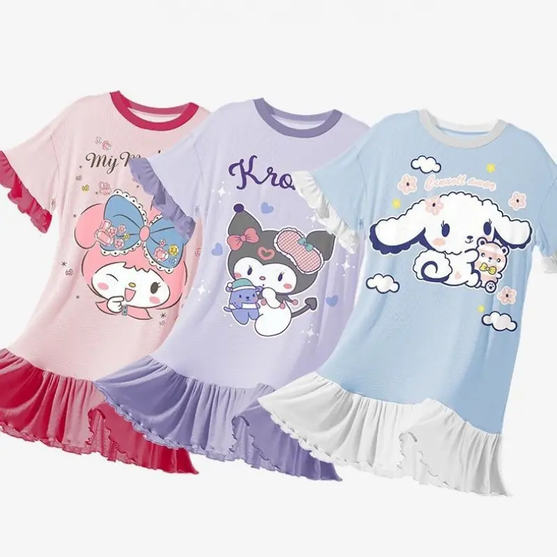 Sanrio Kuromi Cute kids and Girls  Pajamas Dress Spring/Summer/Autumn Thin Cute Cartoon Sleepwear