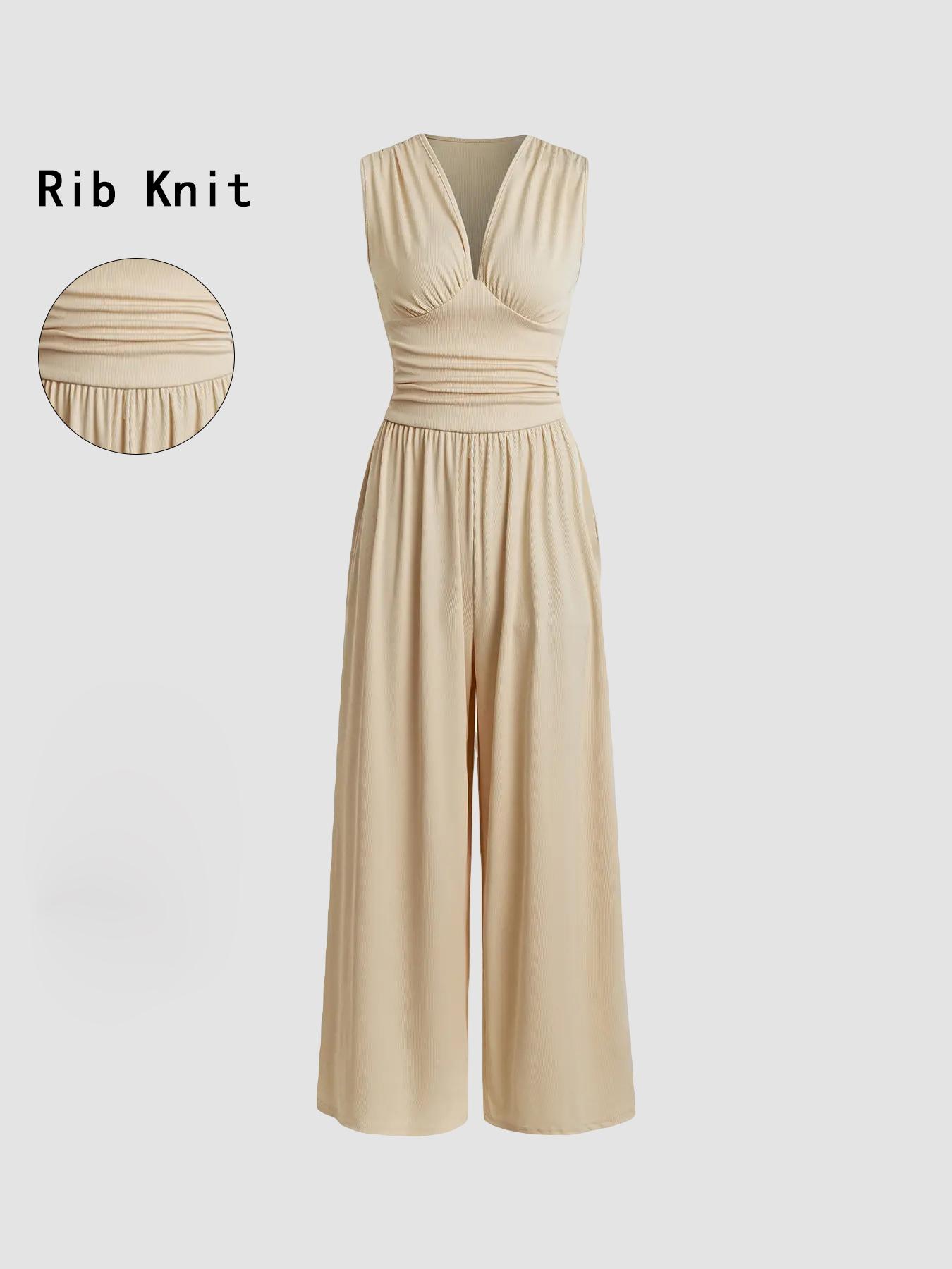 Women's Plain Ruched Deep V Neck Wide Leg Jumpsuit, Sleeveless Ribbed Jumpsuit for Daily Wear, Ladies Clothes for All Seasons, Casual Basic Jumpsuit