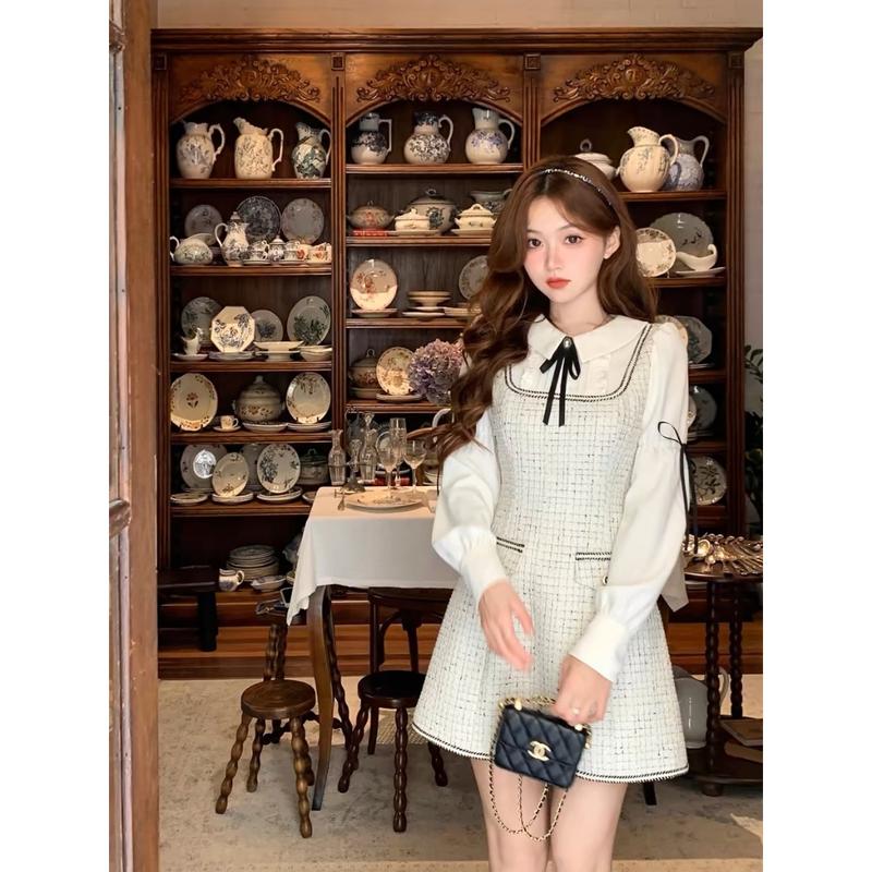 40-80Kg Đầm Váy Bố Phối Trắng Tay Dài Kèm Tag Nơ Cổ Có BigSize UnihomeClothing CV212