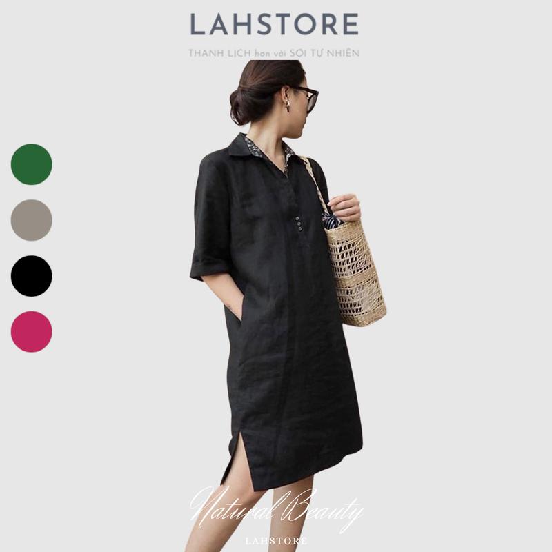 Đầm suông linen LAHSTORE chất linen mềm mát, cổ đức phối nẹp pha cao cấp sang trọng (Đen) Nữ Dress 0
