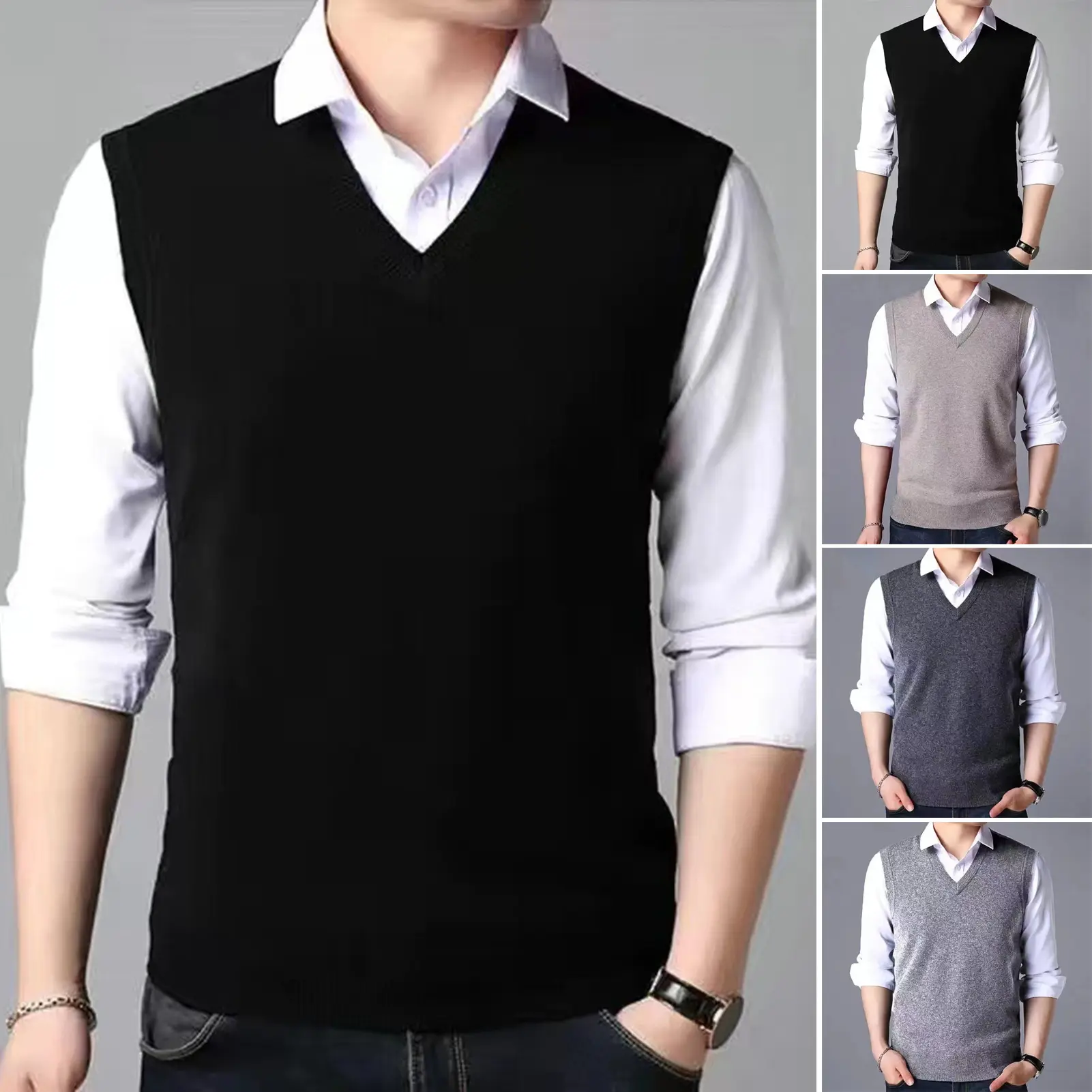 Áo Len Dệt Kim Vest, Vunzdez, Dành Cho Nam Trung Niên, Màu Trơn Cổ Chữ V, Không Tay, Áo Ghi Lê Áo Chui Đầu, Dáng Ôm, Tay Áo Có Gân, Áo Ba Lỗ