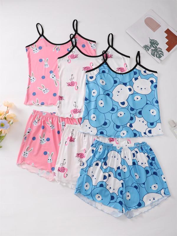 6 Pieces Women's Contrast Binding Lettuce Trim Cami Top & Shorts Pyjamas Set, Casual Comfy Halloween Pumpkin & Skull Print Camisole & Shorts Pj Set, Sleepwear Set for Women, Co-ord Sets for Women, Nightwear 7