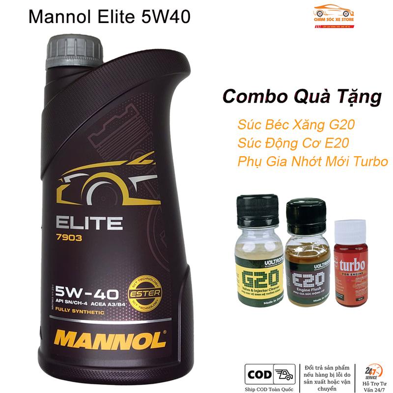 Dầu Nhớt Mannol 7903 Elite 5w-40 Và Combo Quà Tặng Bao Gồm Phụ Gia 1 Súc béc xăng G20, 1 súc động cơ E20 Và Nhớt Mới Veryturbo