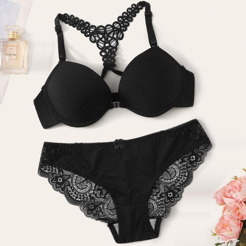 Hot Lace Stitching Bra & Panties, Back Cross Strap Hollow Bra & Panties Lingerie Set, Women's Lingerie & Underwear Womenswear Comfort 2