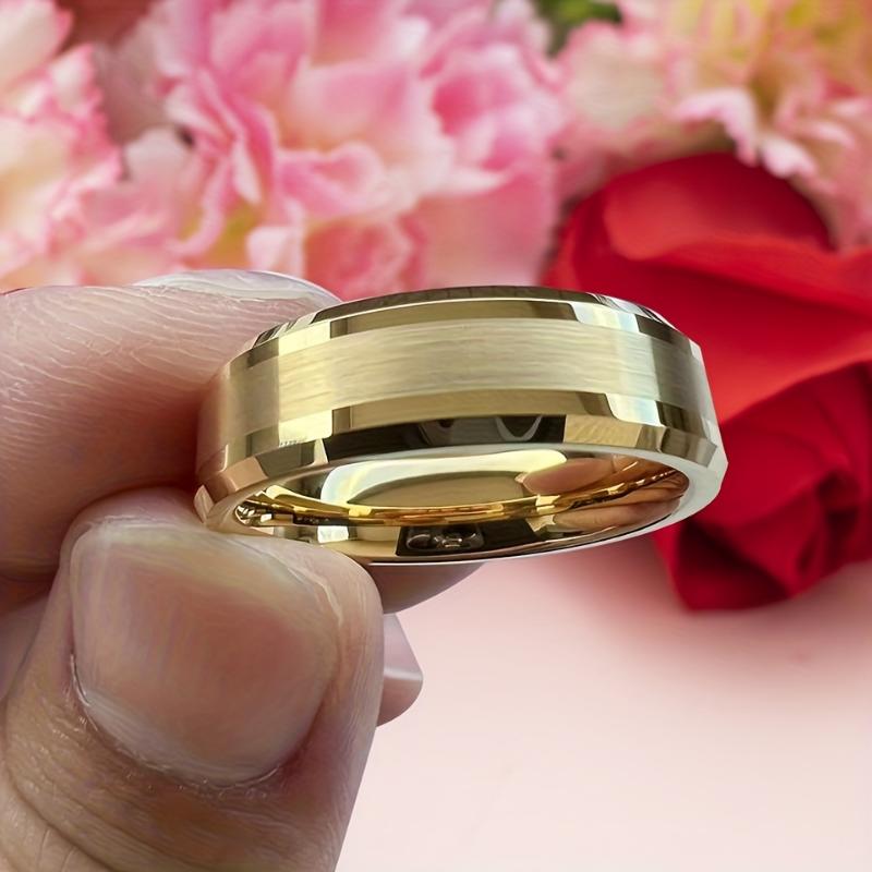 Product Introduction of [Local warehouse shipments] 1pc Luxurious 6mm Gold-Plated Tungsten Carbide Engagement Ring - Sleek Beveled Edges, Fashion Wedding Band for Men & Women, Durable & Stylish 12